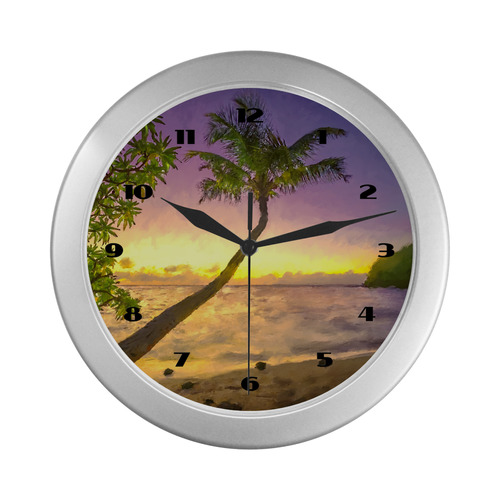 Tropical sunset beach with palms Silver Color Wall Clock