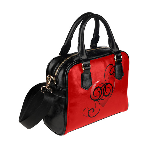 Black and Red Elegant Flourished Hearts Shoulder Handbag (Model 1634)