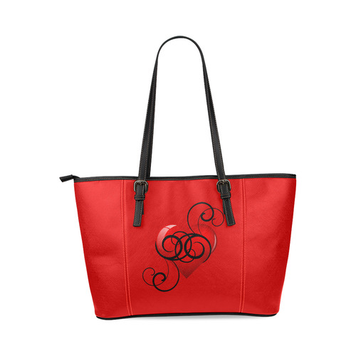 Black and Red Elegant Flourished Hearts Leather Tote Bag/Small (Model 1640)