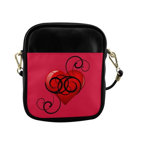 Black and Red Elegant Flourish Hearts Sling Bag (Model 1627)