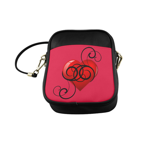 Black and Red Elegant Flourish Hearts Sling Bag (Model 1627)