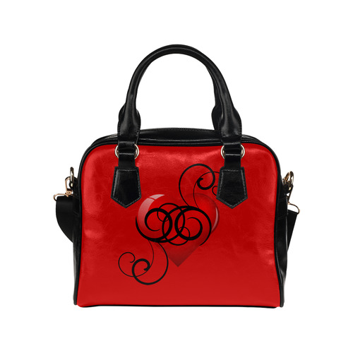 Black and Red Elegant Flourished Hearts Shoulder Handbag (Model 1634)