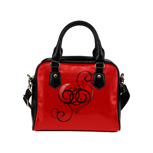 Black and Red Elegant Flourished Hearts Shoulder Handbag (Model 1634)