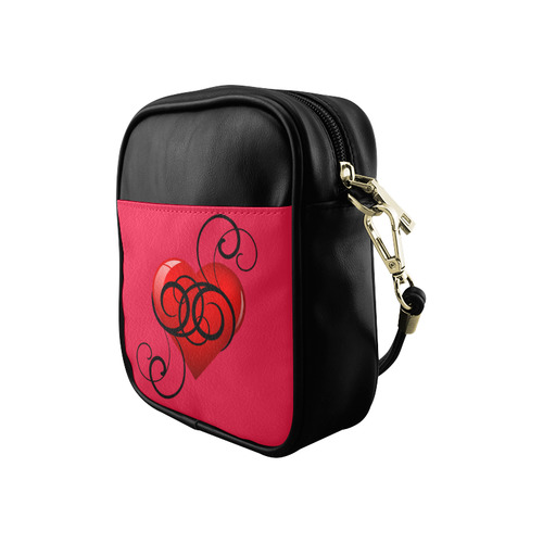 Black and Red Elegant Flourish Hearts Sling Bag (Model 1627)