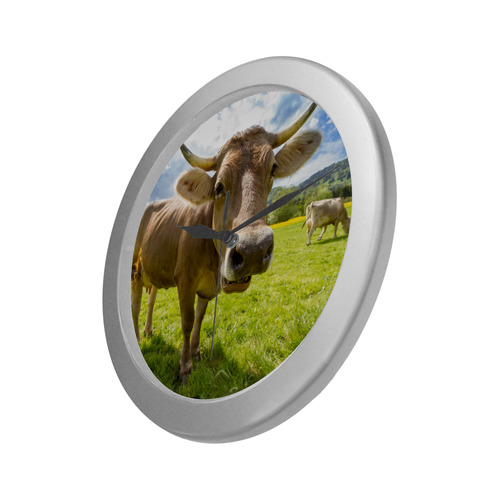 Photography Pretty Blond Cow On Grass Silver Color Wall Clock