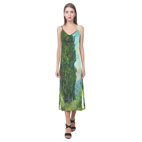 Vincent van Gogh Cypresses Landscape V-Neck Open Fork Long Dress(Model D18)