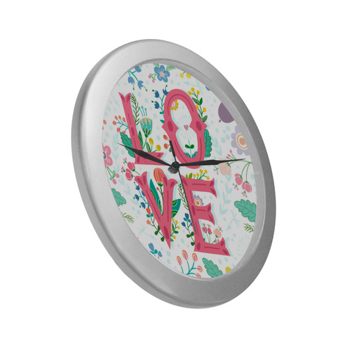 Pastel Colorful Floral LOVE Lettering Silver Color Wall Clock