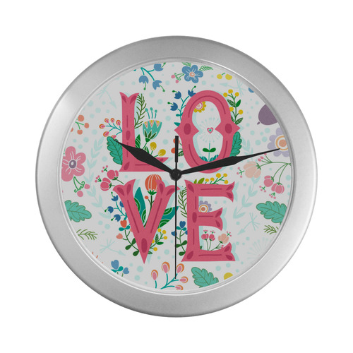 Pastel Colorful Floral LOVE Lettering Silver Color Wall Clock