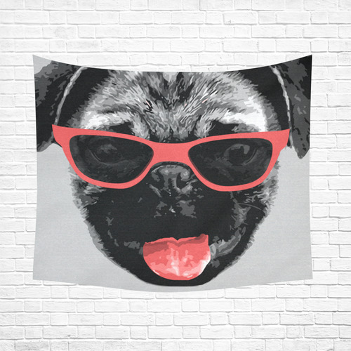 Cute PUG / carlin with red tongue & sunglasses Cotton Linen Wall Tapestry 60"x 51"