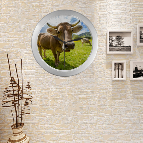 Photography Pretty Blond Cow On Grass Silver Color Wall Clock