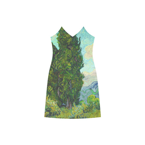 Vincent van Gogh Cypresses Landscape V-Neck Open Fork Long Dress(Model D18)