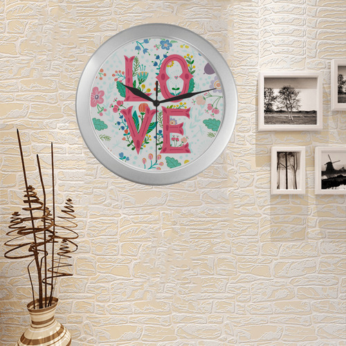 Pastel Colorful Floral LOVE Lettering Silver Color Wall Clock