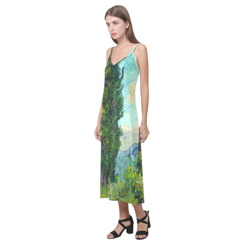 Vincent van Gogh Cypresses Landscape V-Neck Open Fork Long Dress(Model D18)