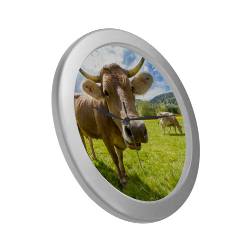 Photography Pretty Blond Cow On Grass Silver Color Wall Clock