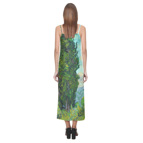 Vincent van Gogh Cypresses Landscape V-Neck Open Fork Long Dress(Model D18)