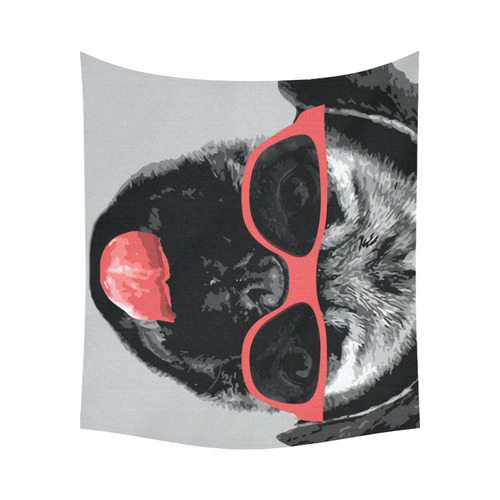 Cute PUG / carlin with red tongue & sunglasses Cotton Linen Wall Tapestry 60"x 51"