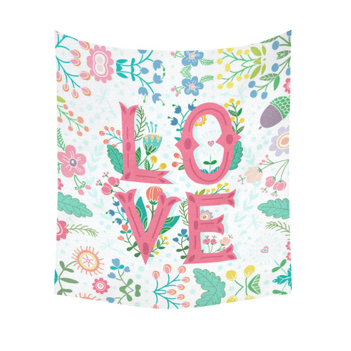 Pastel Colorful Floral LOVE Lettering Cotton Linen Wall Tapestry 51"x 60"