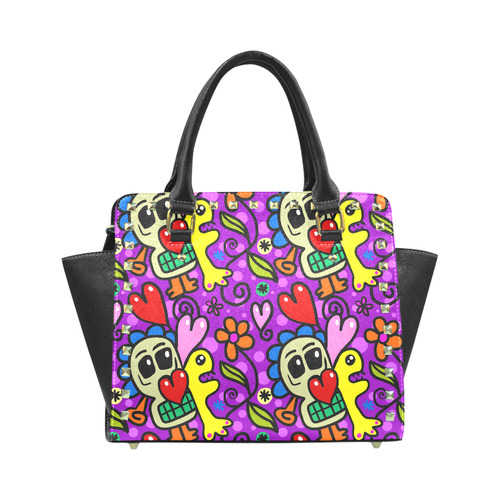 Valentine Hearts Skulls Flowers Pop Art Rivet Shoulder Handbag (Model 1645)