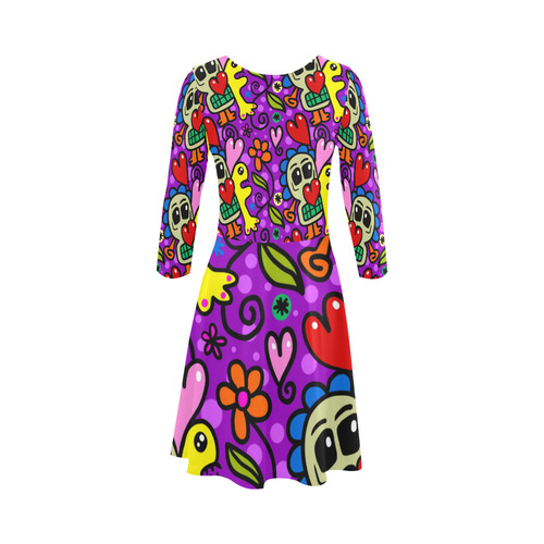 Valentine Hearts Skulls Flowers Pop Art 3/4 Sleeve Sundress (D23)