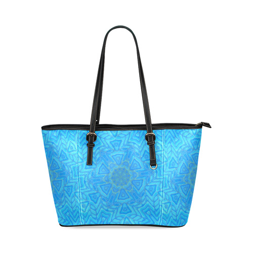 Blue Green and Turquoise Ice Flower Leather Tote Bag/Large (Model 1640)