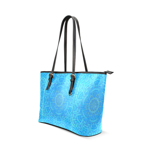 Blue Green and Turquoise Ice Flower Leather Tote Bag/Large (Model 1640)