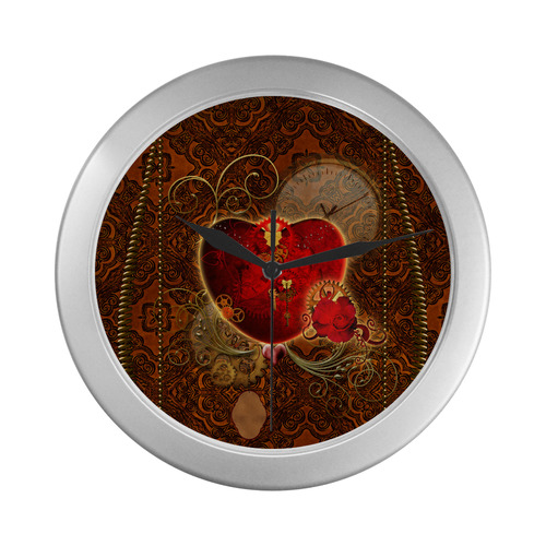 Steampunk, valentines heart with gears Silver Color Wall Clock