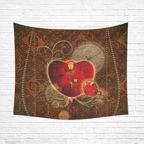 Steampunk, valentines heart with gears Cotton Linen Wall Tapestry 60"x 51"