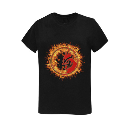 Gold Red Fire Rooster Button Women's T-Shirt in USA Size (Two Sides Printing)