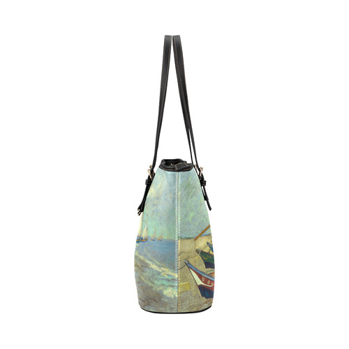 Vincent van Gogh Fishing Boats Beach Leather Tote Bag/Large (Model 1651)