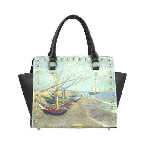 Vincent van Gogh Fishing Boats Beach Rivet Shoulder Handbag (Model 1645)