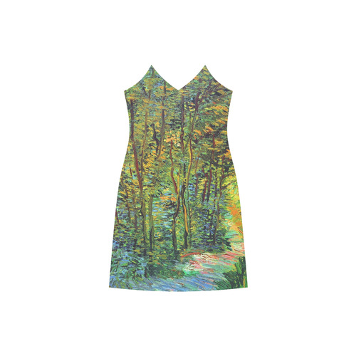 Vincent van Gogh Path in the Woods V-Neck Open Fork Long Dress(Model D18)