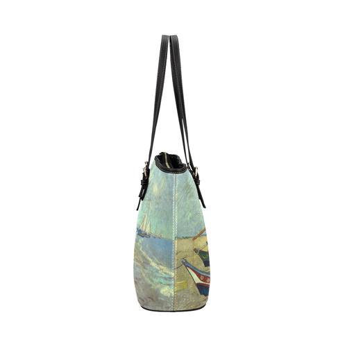 Vincent van Gogh Fishing Boats Beach Leather Tote Bag/Small (Model 1651)