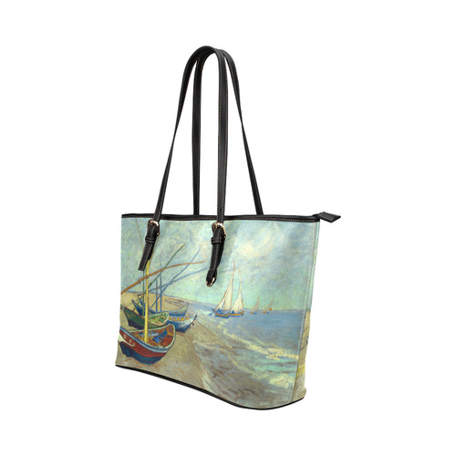 Vincent van Gogh Fishing Boats Beach Leather Tote Bag/Small (Model 1651)