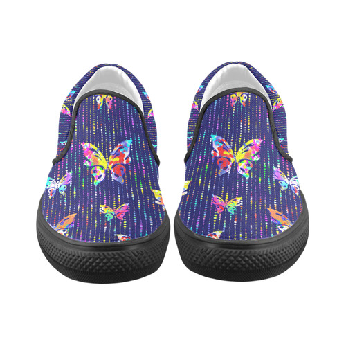 Butterflies On Dotted Lines Pattern Women's Unusual Slip-on Canvas Shoes (Model 019)