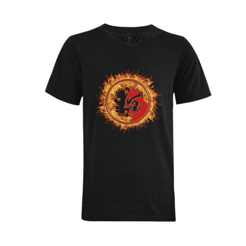 Gold Red Fire Rooster Button Men's V-Neck T-shirt (USA Size) (Model T10)