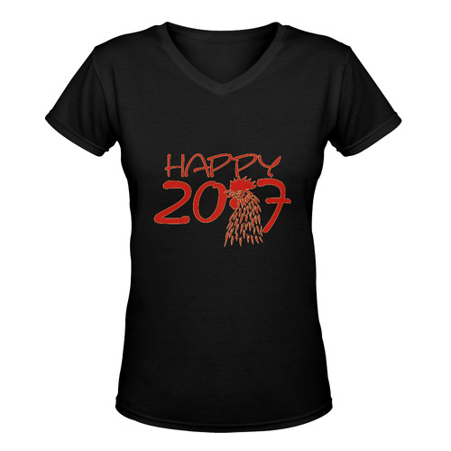 Happy 2017 Rooster Red Gold Women's Deep V-neck T-shirt (Model T19)