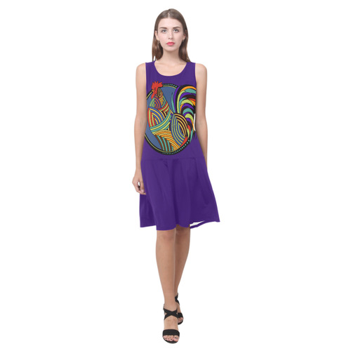 Geometric Art Colorful Rooster Button Sleeveless Splicing Shift Dress(Model D17)