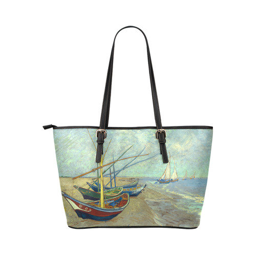 Vincent van Gogh Fishing Boats Beach Leather Tote Bag/Large (Model 1651)