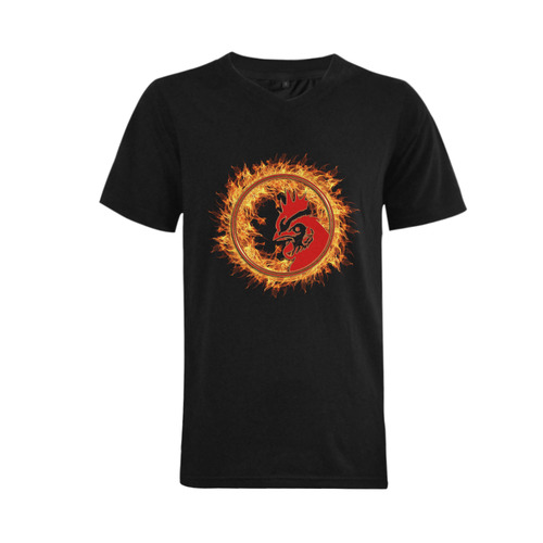Gold Red Fire Rooster Button Men's V-Neck T-shirt  Big Size(USA Size) (Model T10)