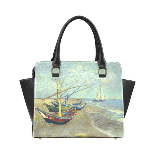 Vincent van Gogh Fishing Boats Beach Rivet Shoulder Handbag (Model 1645)