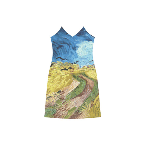 Vincent van Gogh Wheatfield with Crows V-Neck Open Fork Long Dress(Model D18)