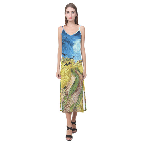 Vincent van Gogh Wheatfield with Crows V-Neck Open Fork Long Dress(Model D18)