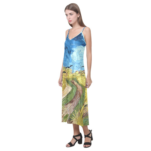 Vincent van Gogh Wheatfield with Crows V-Neck Open Fork Long Dress(Model D18)