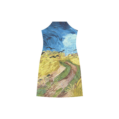 Vincent van Gogh Wheatfield with Crows V-Neck Open Fork Long Dress(Model D18)