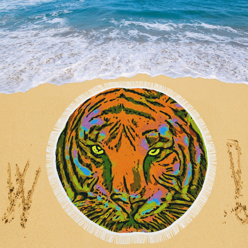 Pop Art TIGER HEAD orange green blue Circular Beach Shawl 59"x 59"