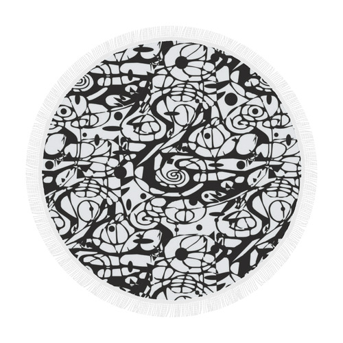 Crazy Spiral Shapes Pattern - Black White Circular Beach Shawl 59"x 59"