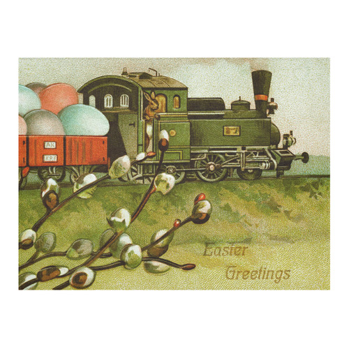 Vintage Easter Egg Train Bunnies Cotton Linen Tablecloth 52"x 70"