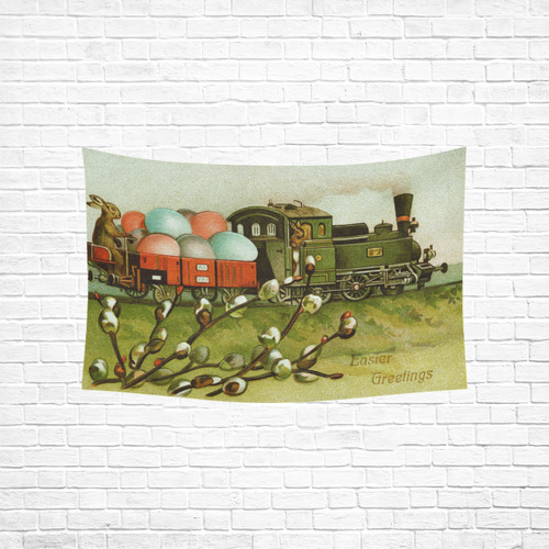 Vintage Easter Egg Train Rabbits Cotton Linen Wall Tapestry 60"x 40"