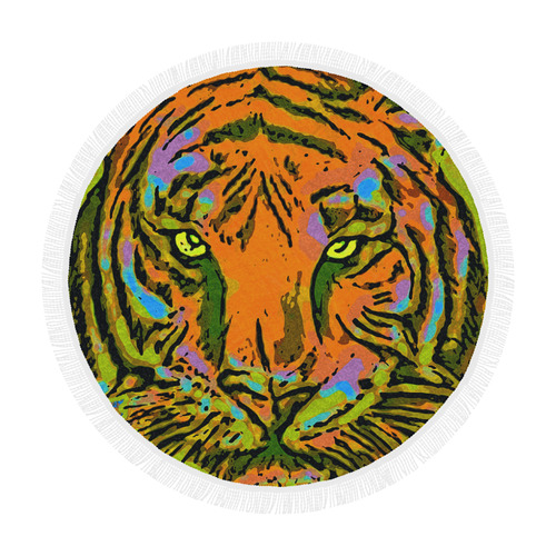 Pop Art TIGER HEAD orange green blue Circular Beach Shawl 59"x 59"