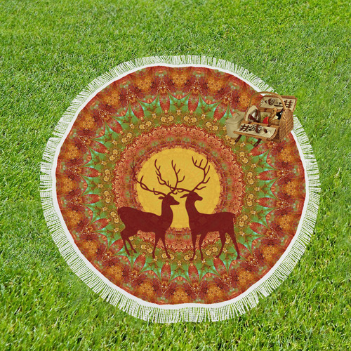 Mandala YOUNG DEERS with Full Moon Circular Beach Shawl 59"x 59"